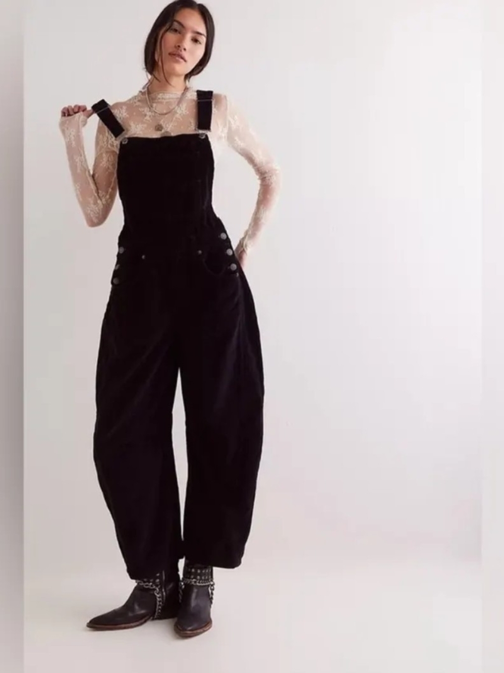 Free People Barrel Wide Leg Overalls Black Women's Corduroy Wide-Leg Jumpsuit L